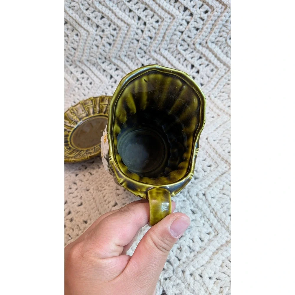 Vintage Japan Olive Green Bamboo Ceramic Creamer Saucer Set Daisy‎ Dragonfly